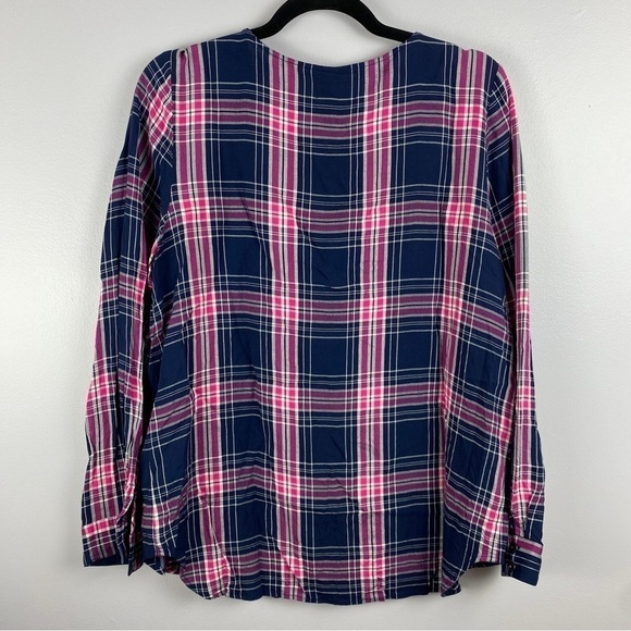G.H. Bass Coastal Nautical Plaid Long Sleeve Lace Up Neck Blouse Large Blue Pink - Picture 9 of 9
